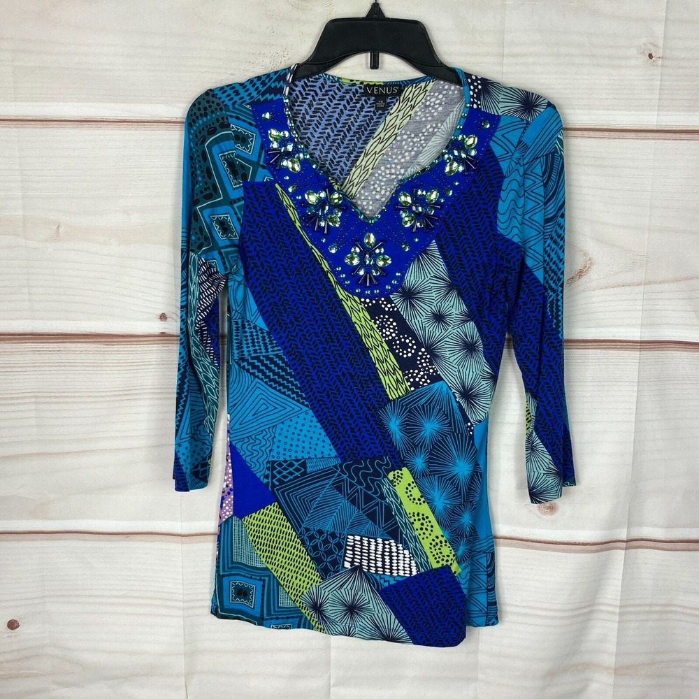 Venus Top Women XS Blue Geometric Artsy V-Neck Knit Beads Rhinestones 3/4 Sleeve